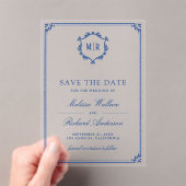 Monogram Crest Royal Blue Wedding Save the Date アクリル招待状 (インサイチュ (ポータブル))