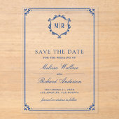 Monogram Crest Royal Blue Wedding Save the Date アクリル招待状 (正面)