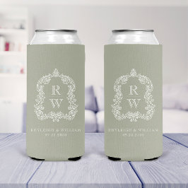 Monogram Crest Sage Green Wedding スリム缶クーラー