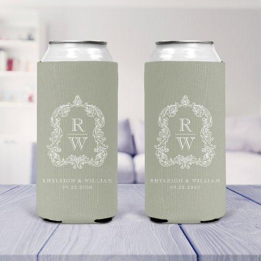 Monogram Crest Sage Green Wedding スリム缶クーラー