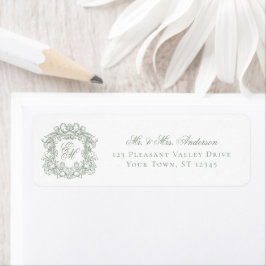 Monogram Crest Sage Green Wedding Return Address ラベル