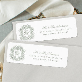 Monogram Crest Sage Green Wedding Return Address ラベル