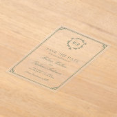 Monogram Crest Sage Green Wedding Save the Date アクリル招待状 (レイダウン)
