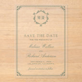 Monogram Crest Sage Green Wedding Save the Date アクリル招待状 (正面)