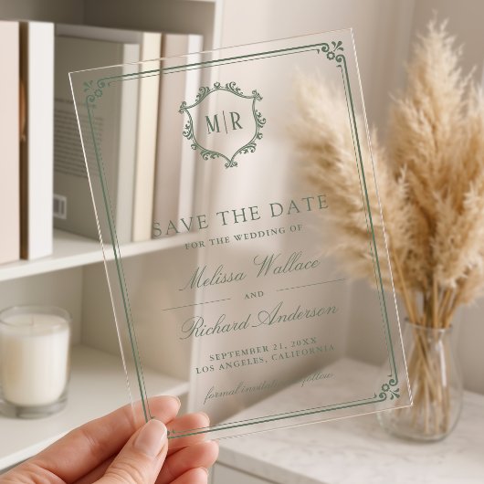 Monogram Crest Sage Green Wedding Save the Date アクリル招待状