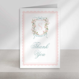 Monogram Crest Thank You Card Pink Bow Scallop サンキューカード