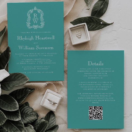 Monogram Crest Turquoise QR Code Wedding 招待状