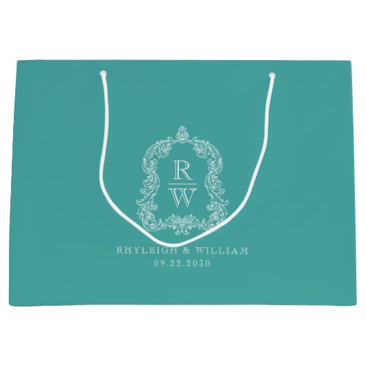 Monogram Crest Turquoise Wedding ラージペーパーバッグ (正面)