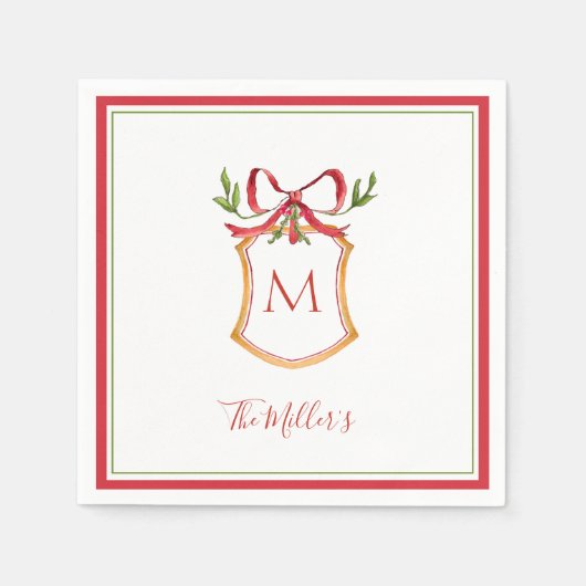 Monogram Crest with red bow Holiday  スタンダードカクテルナプキン (正面)