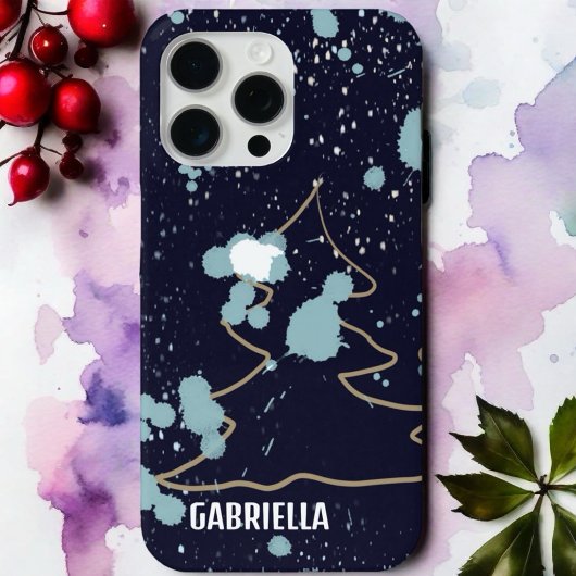 Monogram cute navy blue gold white snow tree name Case-Mate iPhoneケース
