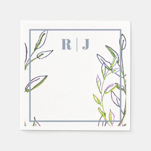 Monogram Dusty Blue Green Leaves Artsy Wedding スタンダードカクテルナプキン (正面)