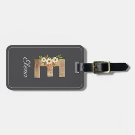 Monogram E gray wood letter flower Luggage Tag ラゲッジタグ