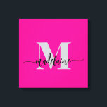 Monogram Elegant Black Pink Personal キャンバスプリント<br><div class="desc">An elegant monogram with your personal name.
the background is pink with your name in a modern black script font.
Your initial is in a soft grey color.</div>