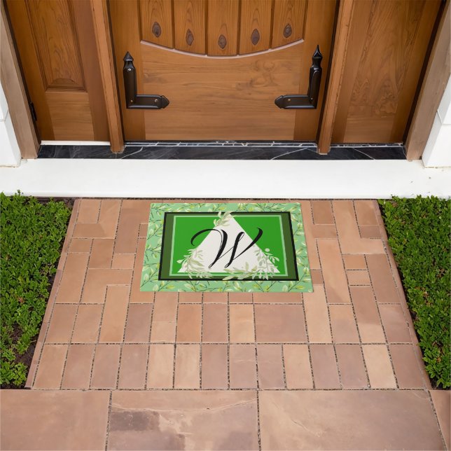 Monogram Elegant Green Leaves Doormat ドアマット (室外)