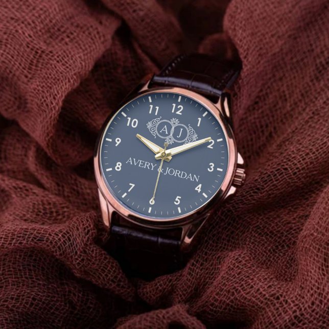 Monogram Elegant typography custom name  Navy Blue 腕時計 (クリエイターアップロード済み)