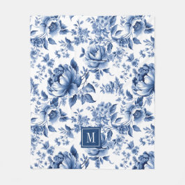 Monogram Elegant Vintage Blue Floral Pattern フリースブランケット