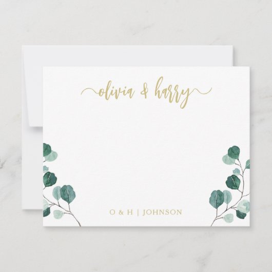 Monogram Eucalyptus Gold White Wedding Note Card ノートカード (正面)