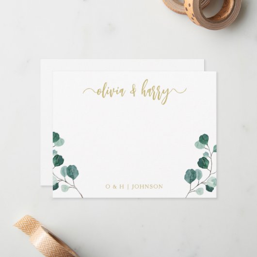 Monogram Eucalyptus Gold White Wedding Note Card ノートカード (正面/裏面インサイチュ)