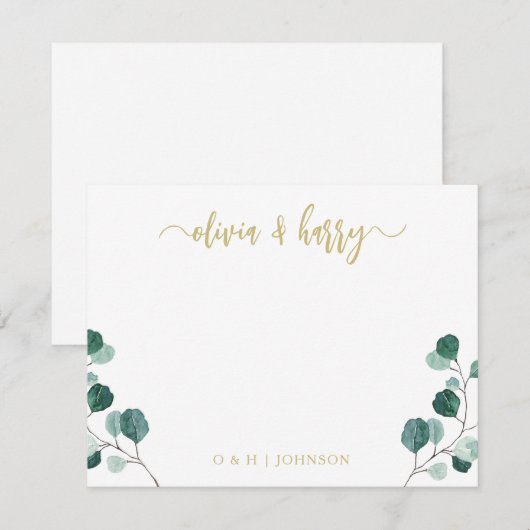 Monogram Eucalyptus Gold White Wedding Note Card ノートカード (正面/裏面)