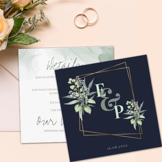 Monogram Eucalyptus Leaves Cute Greenery Wedding E エンクロージャーカード