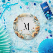 Monogram Fall flowers and sunflowers watercolor ペーパープレート (パーティー)