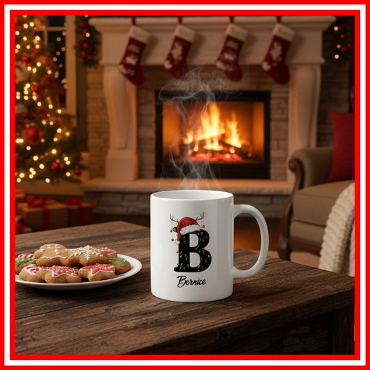 Monogram Family Christmas Antlers Santa Hat PHOTO コーヒーマグカップ