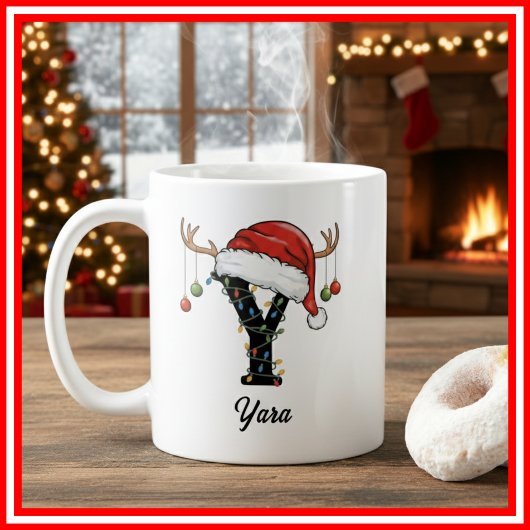 Monogram Family Christmas Antlers Santa Hat PHOTO コーヒーマグカップ