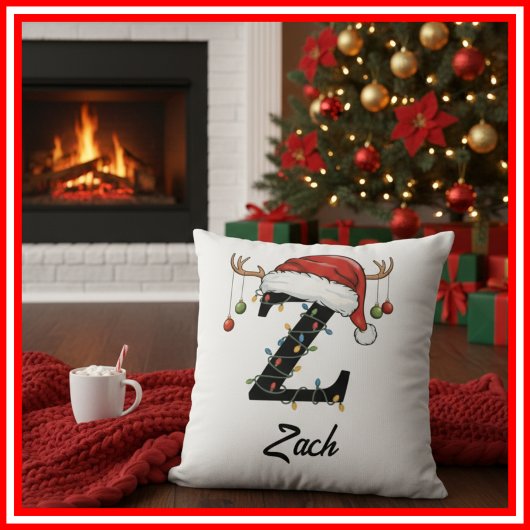 Monogram Family Christmas Antlers Santa Hat  Throw クッション