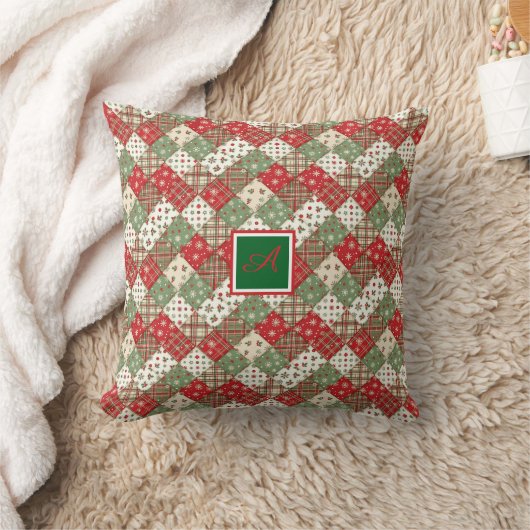 Monogram family Christmas patchwork Green Red クッション (ブランケット)