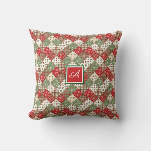 Monogram family Christmas patchwork Green Red クッション (正面)