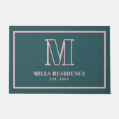 Monogram Family Year Established Teal Blush Pink ドアマット (正面)