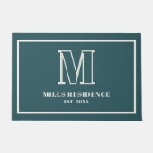 Monogram Family Year Established Teal Ivory ドアマット (正面)