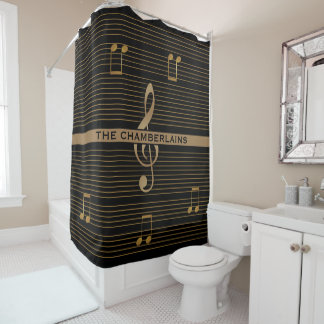 Monogram Faux Gold Treble Clef and Notes on BLACK シャワーカーテン
