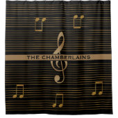 Monogram Faux Gold Treble Clef and Notes on BLACK シャワーカーテン (正面)