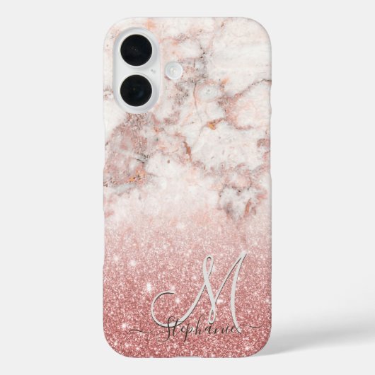 Monogram Faux Rose Gold Glitter White Marble Ombre Case-Mate iPhoneケース (裏面)