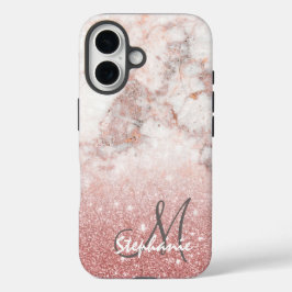 Monogram Faux Rose Gold Glitter White Marble Ombre iPhone 16ケース