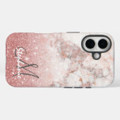 Monogram Faux Rose Gold Glitter White Marble Ombre Case-Mate iPhoneケース (裏面 (横))