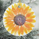 Monogram Floral セラミックオーナメント<br><div class="desc">This unique keepsake ornament is decorated with a yellow watercolor sunflower and stylish typography.
Easily customizable.
Original Watercolor © Michele Davies.</div>