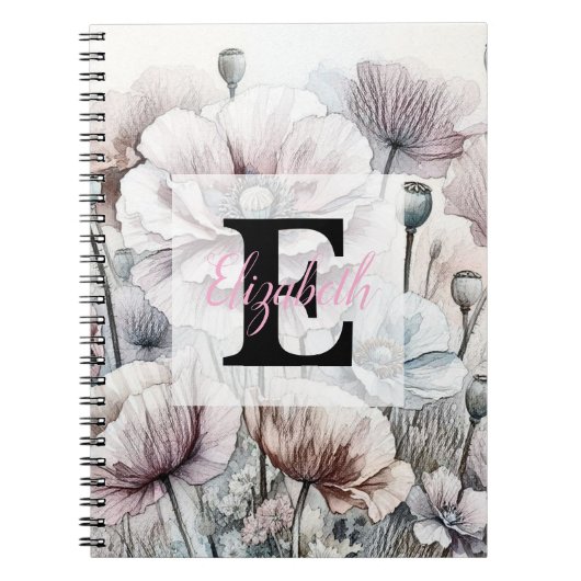 Monogram floral drawing pink pastel poppy flowers  ノートブック (正面)
