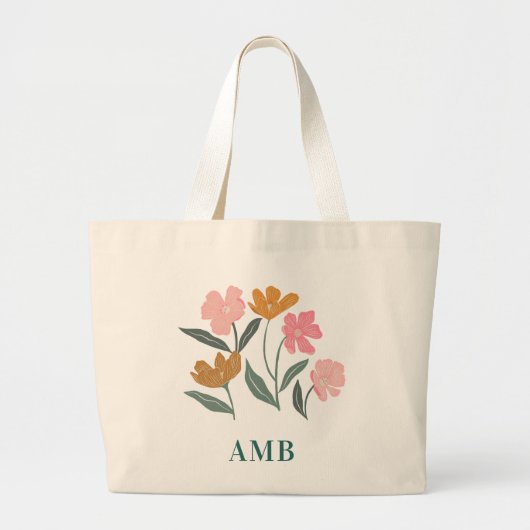 Monogram Floral Illustrated Botanical Bridesmaid ラージトートバッグ (正面)