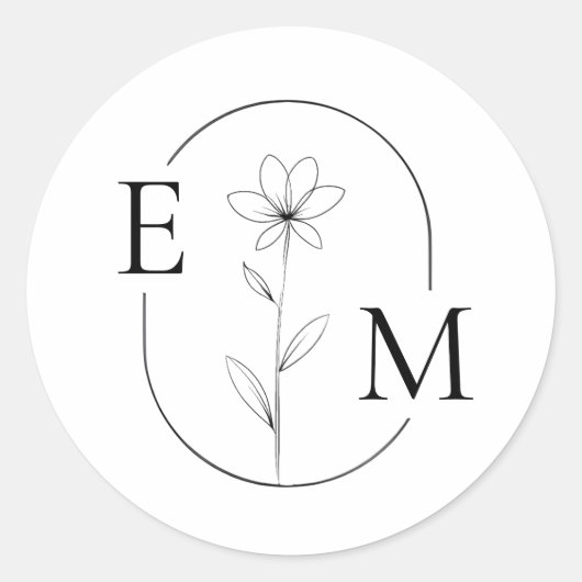 Monogram Floral Minimalistic Wedding Sticker ラウンドシール (正面)
