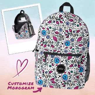 Monogram Flower Pattern blue Swirl Berry White - プリントバックパック