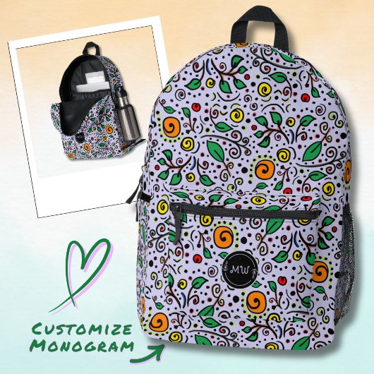 Monogram Flower Pattern orange Swirl Berry Lilac プリントバックパック
