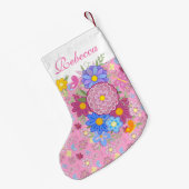 Monogram Flowers and butterfly floral design pink スモールクリスマスストッキング (裏面 (吊り時))