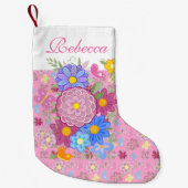 Monogram Flowers and butterfly floral design pink スモールクリスマスストッキング (正面)