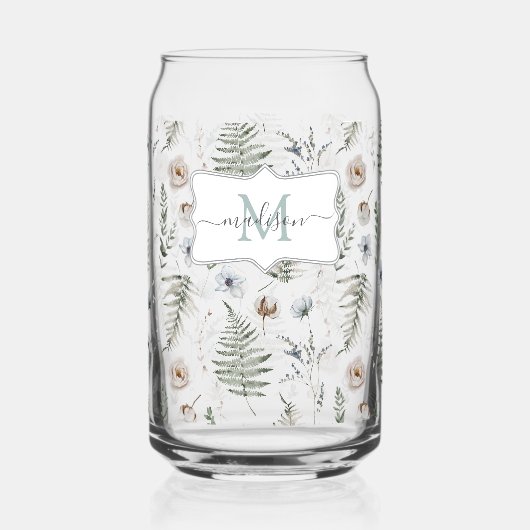 Monogram Flowers and Fern Leaves Floral Botanical ガラス缶 (正面)