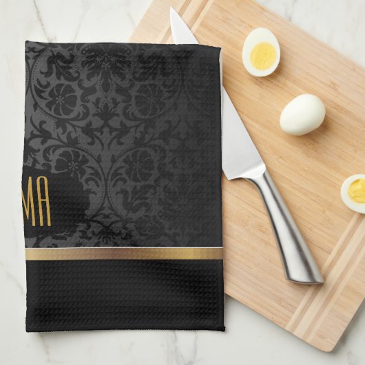 Monogram Gold & Floral Damask Pattern キッチンタオル (四つ折り)