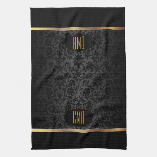 Monogram Gold & Floral Damask Pattern キッチンタオル (縦)