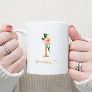 Monogram Gold Letter I Floral Pink White Green コーヒーマグカップ