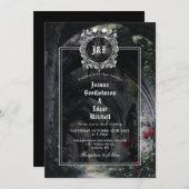 Monogram Gothic Ruins Roses Floral Wedding 招待状 (正面/裏面)
